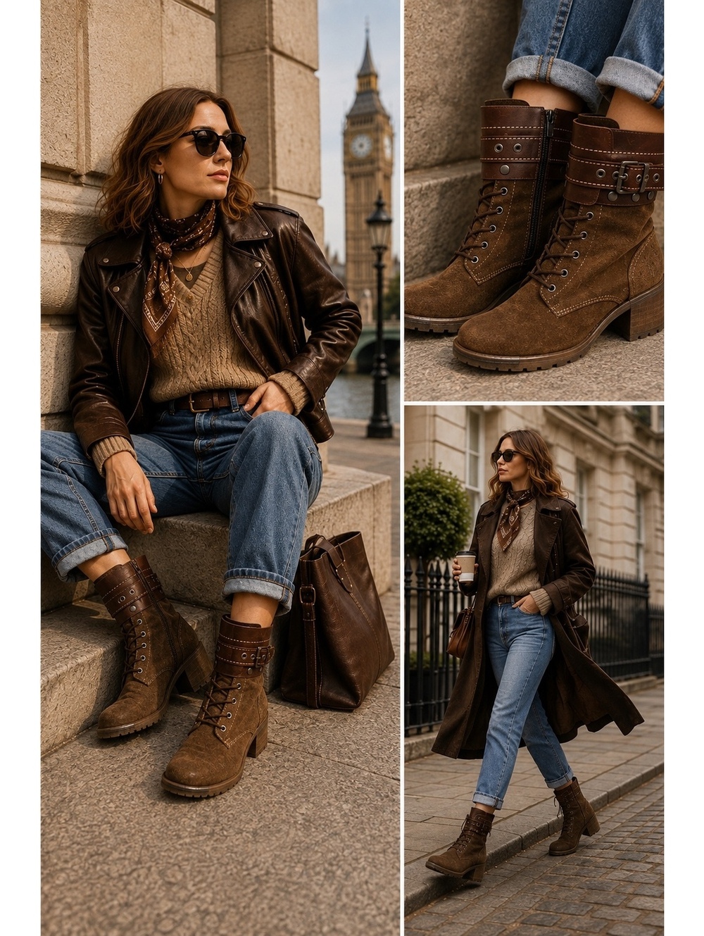FLY London EU 38 US 7-7.5 Brown Suede Leather Lace Up Buckle Moto Boots